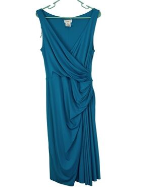 Maggy L Teal Blue Faux-Wrap Draped Midi Dress